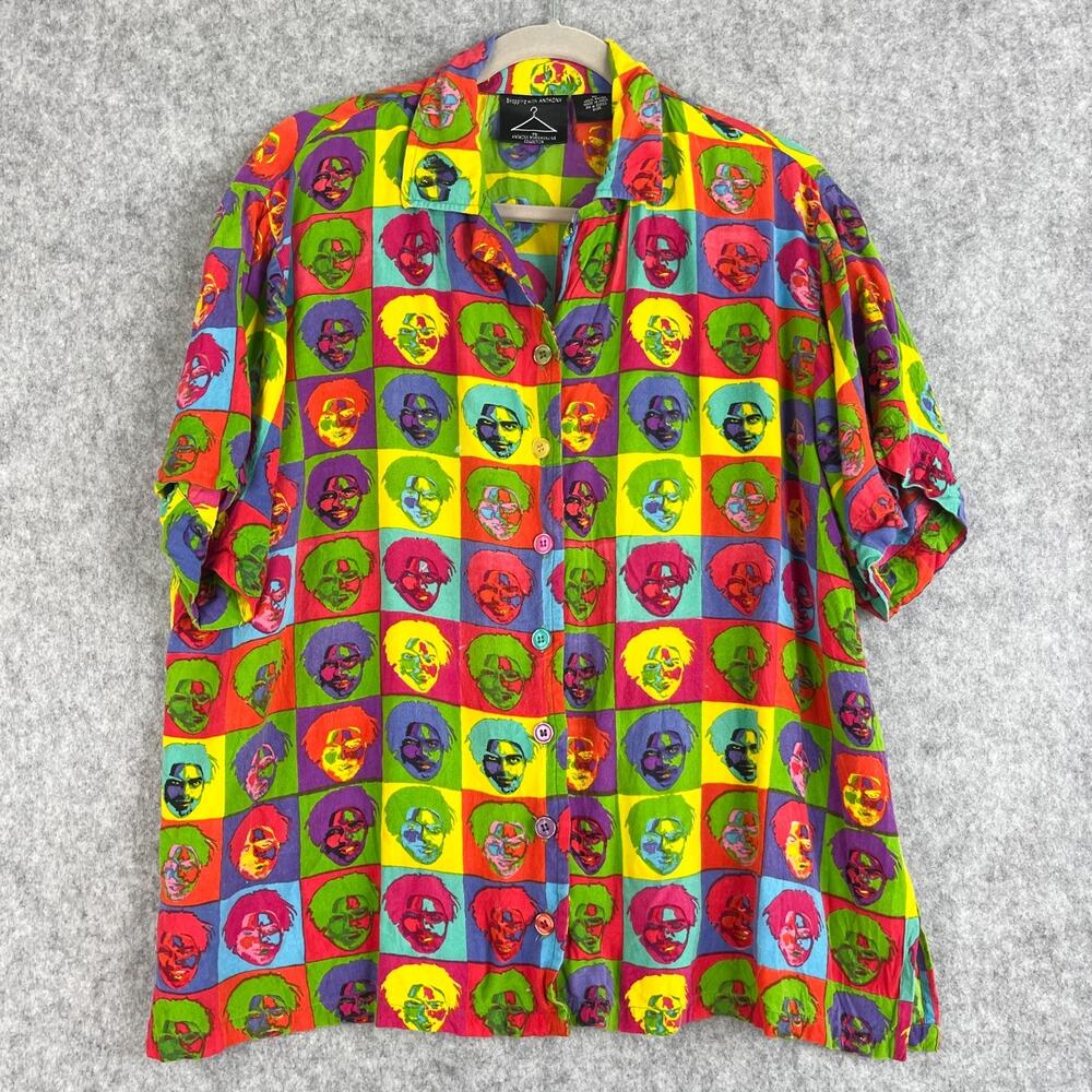 VTG Anthony Mark Hankins Top Womens 1X Pop Art Face Button Up Retro Festival 80s